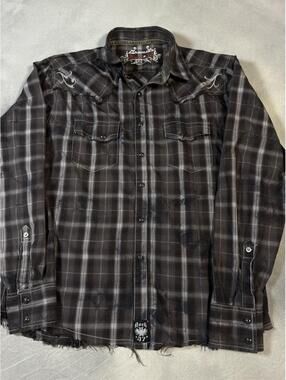 Rock 47 Plaid Western Shirt Men’s Large Black Gray Distressed Embroidered